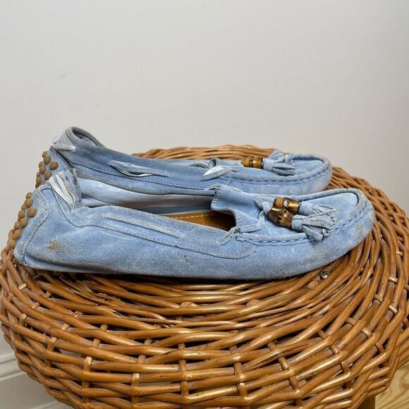 Gucci Moccasin Suede Driver Loafer Flats Slip On Light Blue Bamboo Tassel 7‎ - Picture 5 of 9
